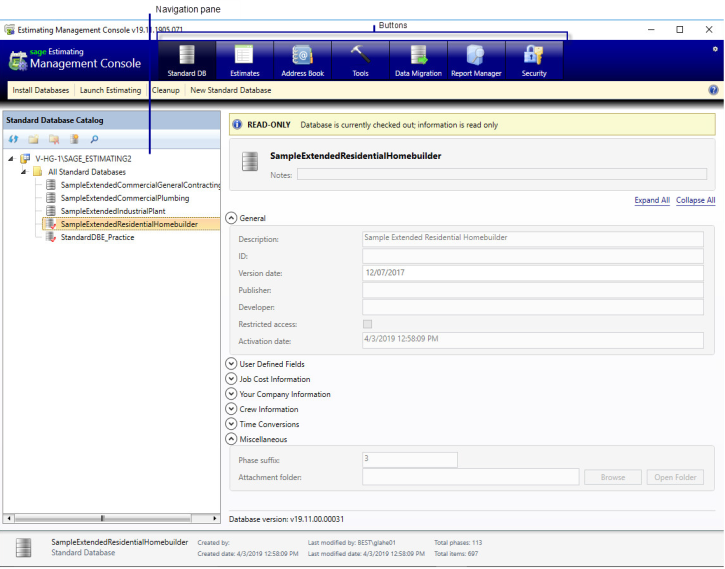 An image showing the toolbar, catalog pane, and working areas of the Estimating Management Console