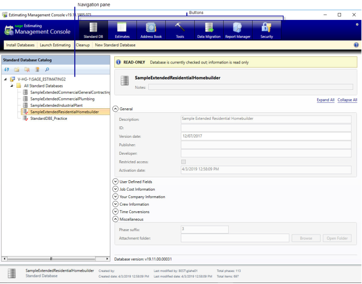 the toolbar, catalog pane, and working areas of the Estimating Management Console