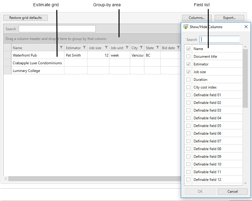 areas on the Estimating grid, including the Group By area and the Show/Hide Columns list