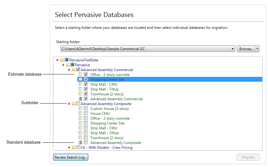 An example showing Pervasive Databases that you could select for migration