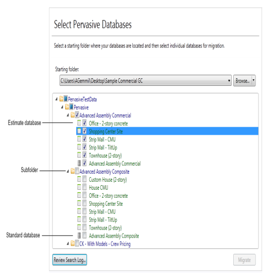 An iage of the MIgrate Databases window displaying some Pervasive databases