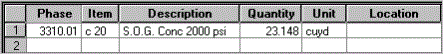 The item quantity and units for the first pass of takeoff using this item table.