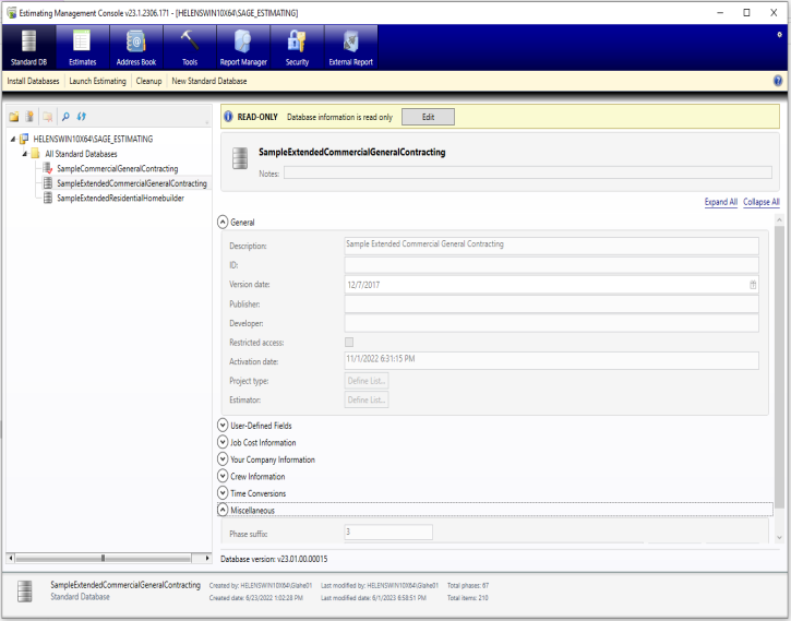 the toolbar, catalog pane, and working areas of the Estimating Management Console