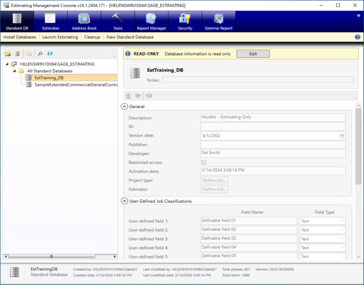 the toolbar, catalog pane, and working areas of the Estimating Management Console